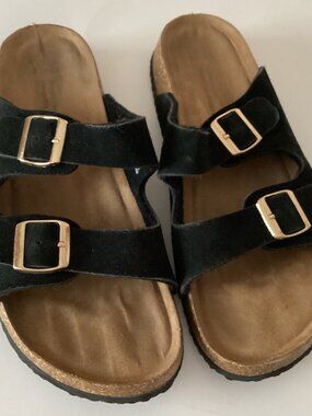Time and Tru Randi Women's Black Leather Buckle Sandals Memory Foam Size 11